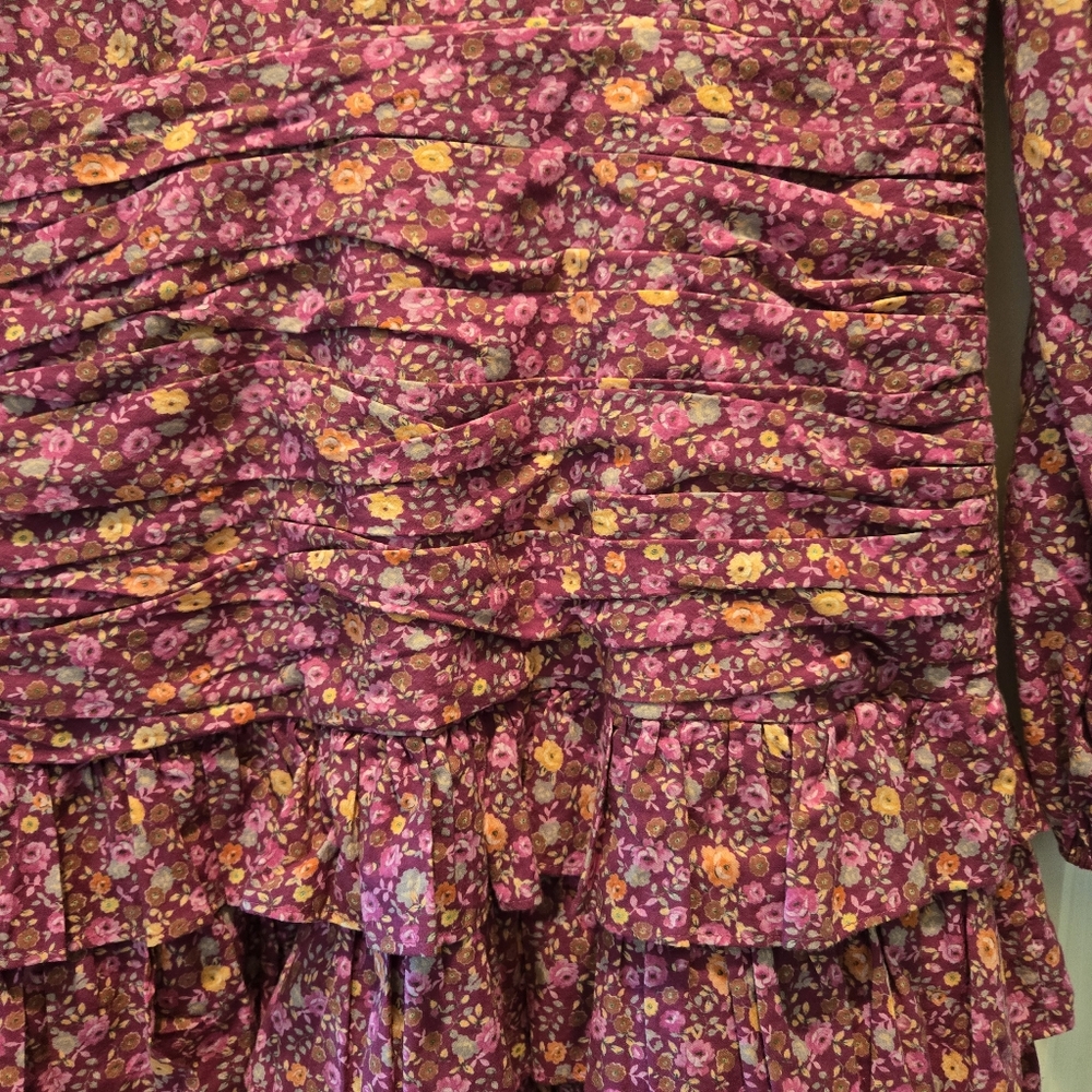 LoveShackFancy Mini Dress 4 Floral Red Pink Ruffled Tiered Long Sleeve Ruched - Picture 7 of 10
